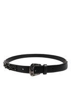 Black Studded Leather Metal Logo Buckle Belt
