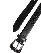 Black Studded Leather Metal Logo Buckle Belt