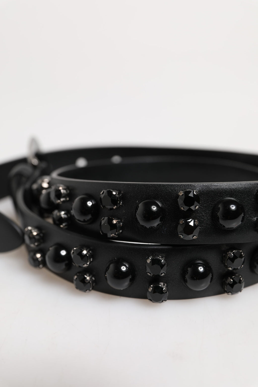 Black Studded Leather Metal Logo Buckle Belt