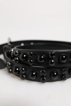 Black Studded Leather Metal Logo Buckle Belt