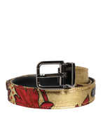 Gold Floral Jacquard Silver Metal Buckle Belt