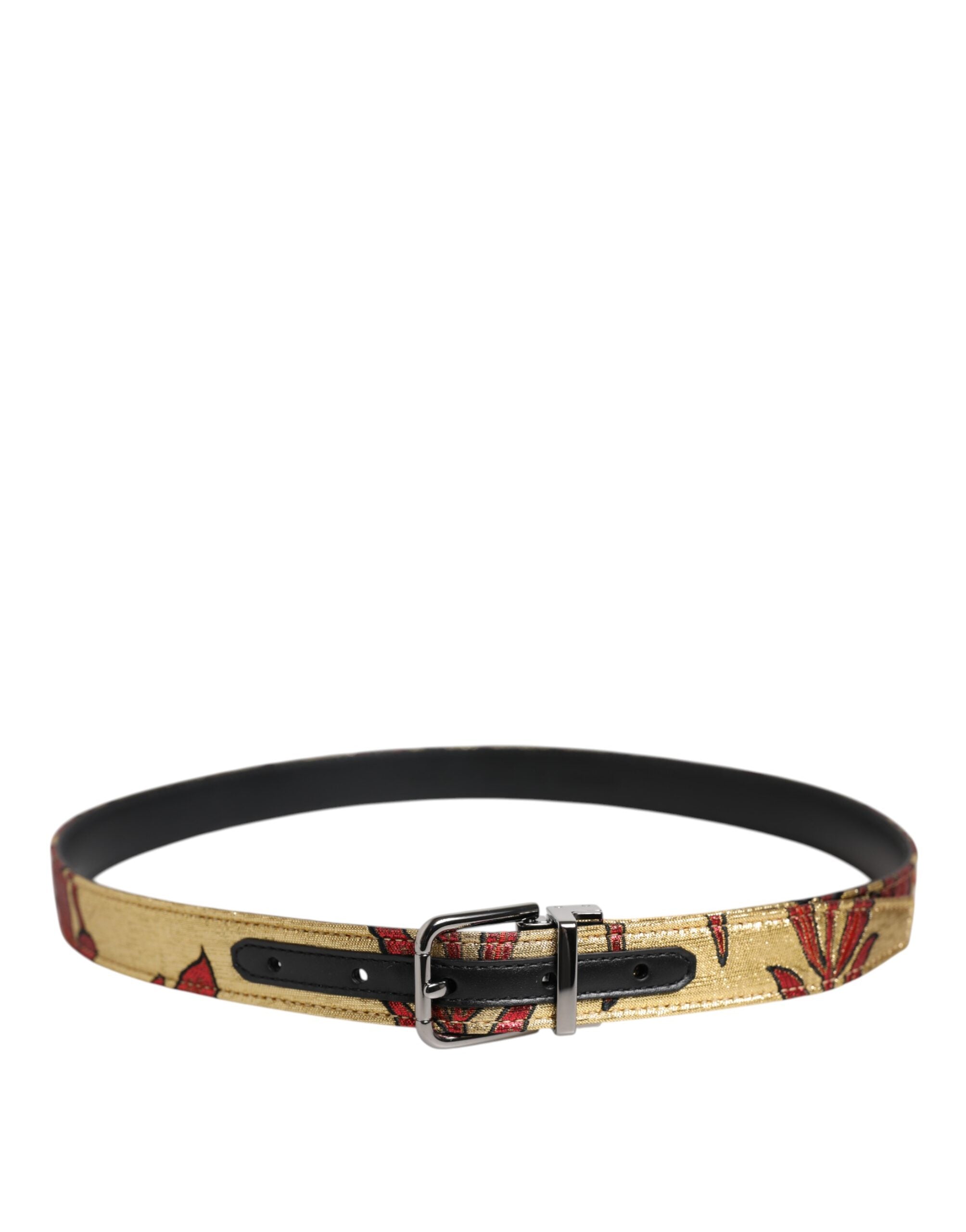 Gold Floral Jacquard Silver Metal Buckle Belt