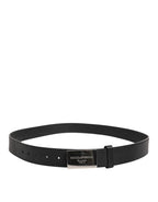 Black Leather Classic Metal Logo Buckle Belt