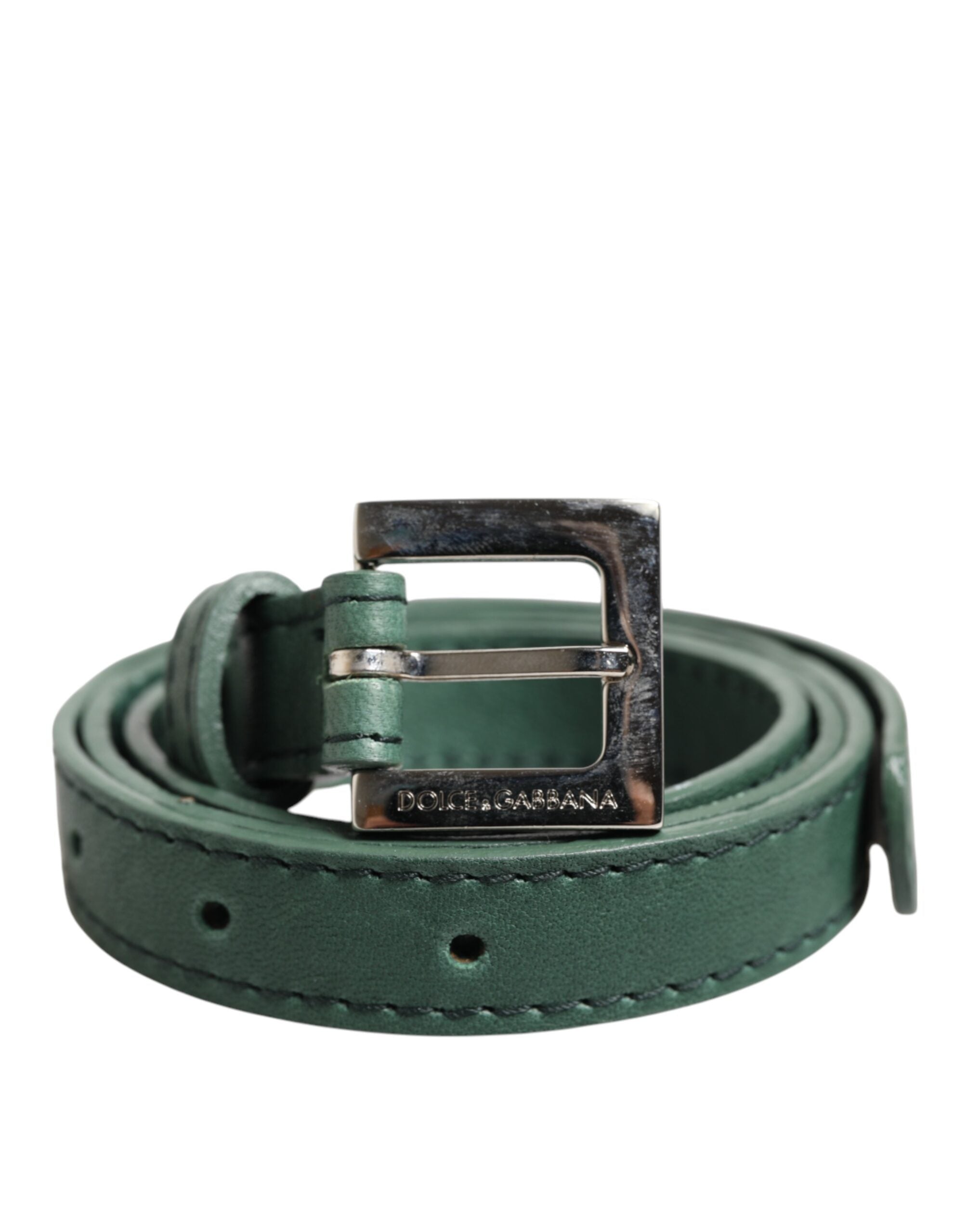 Dark Green Leather Silver Metal Buckle Belt
