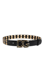 Black Leather Eyelet Crystal DG Buckle Belt