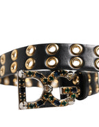Black Leather Eyelet Crystal DG Buckle Belt