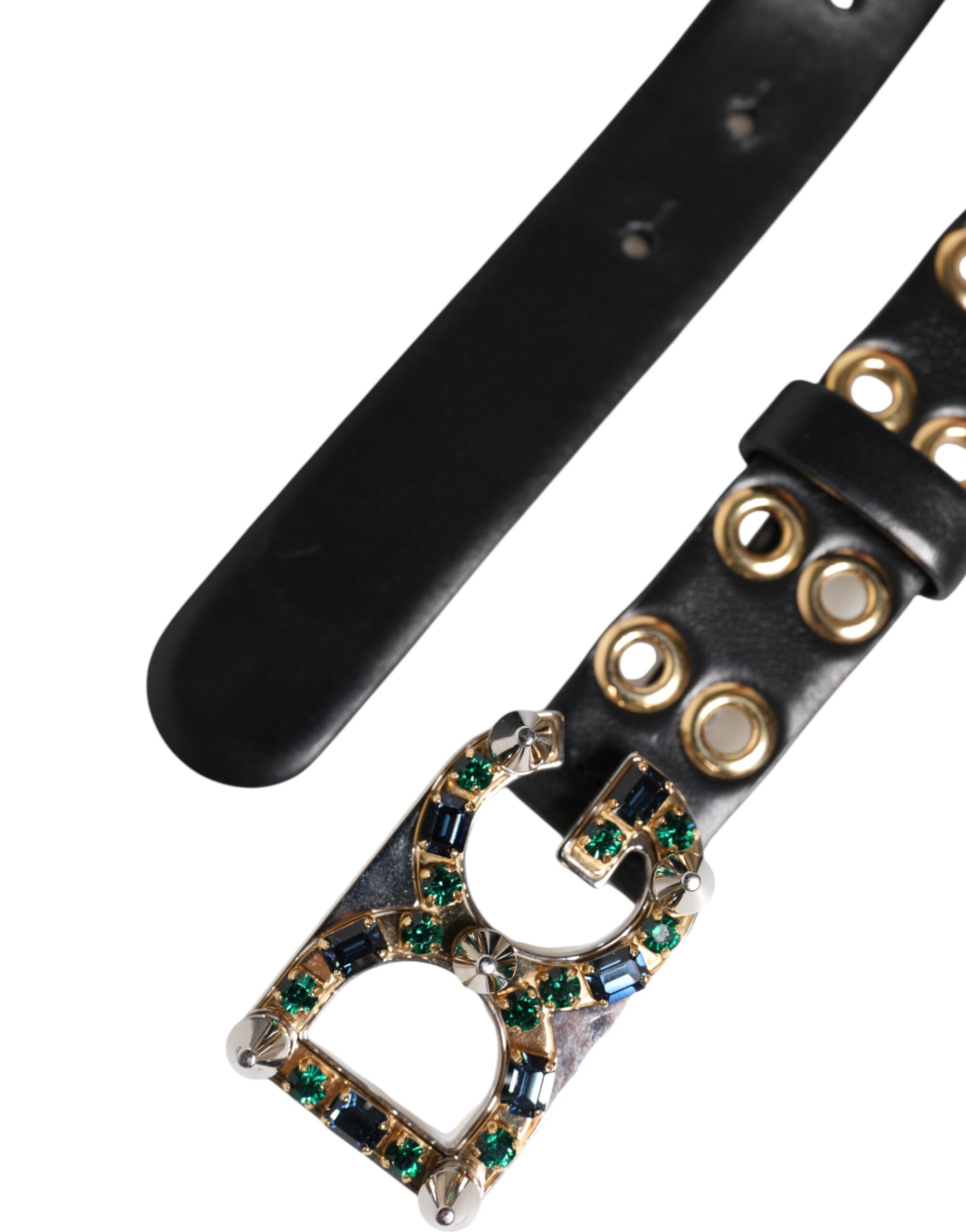 Black Leather Eyelet Crystal DG Buckle Belt