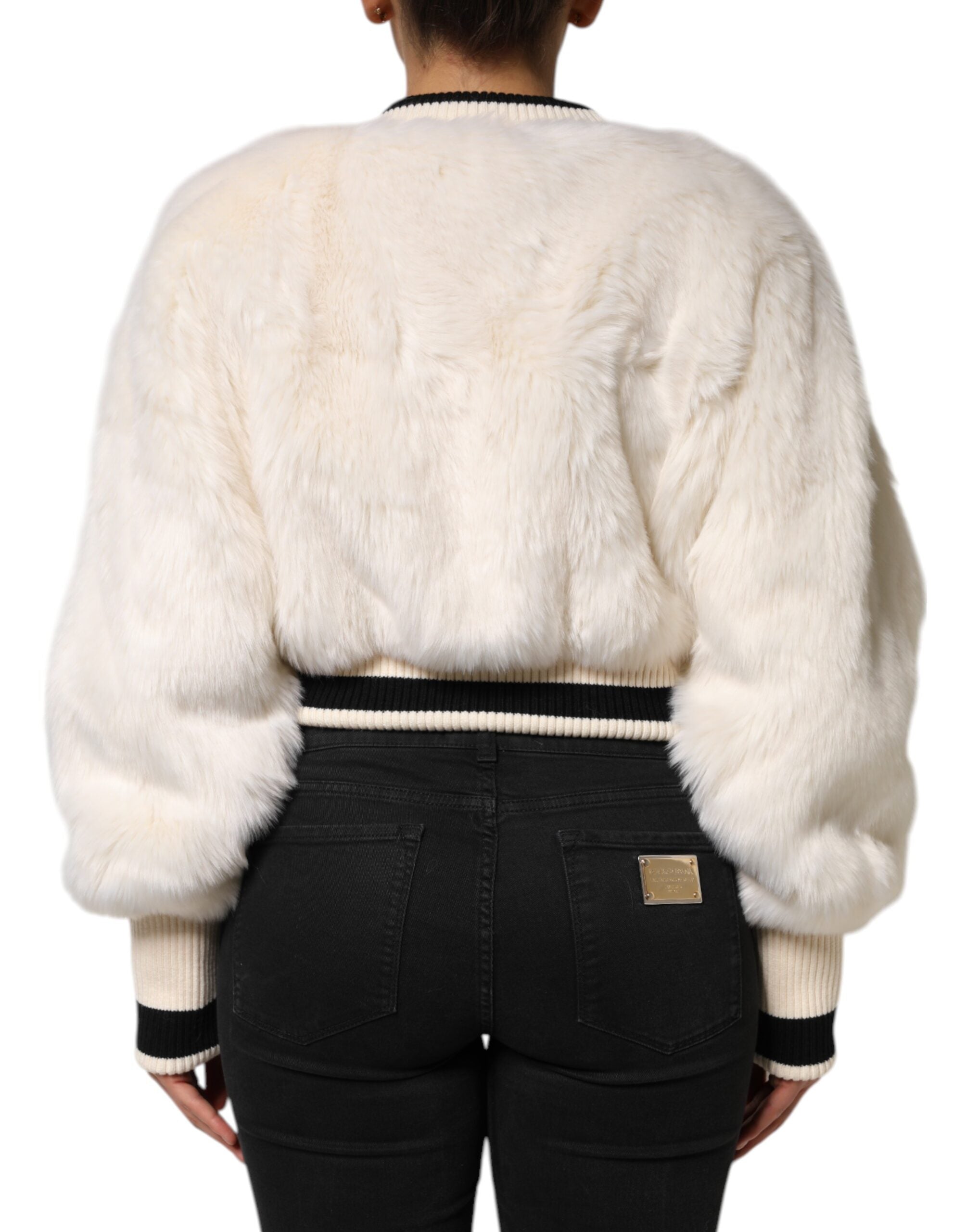 White Cropped Faux Fur DG Sweatshirt Sweater