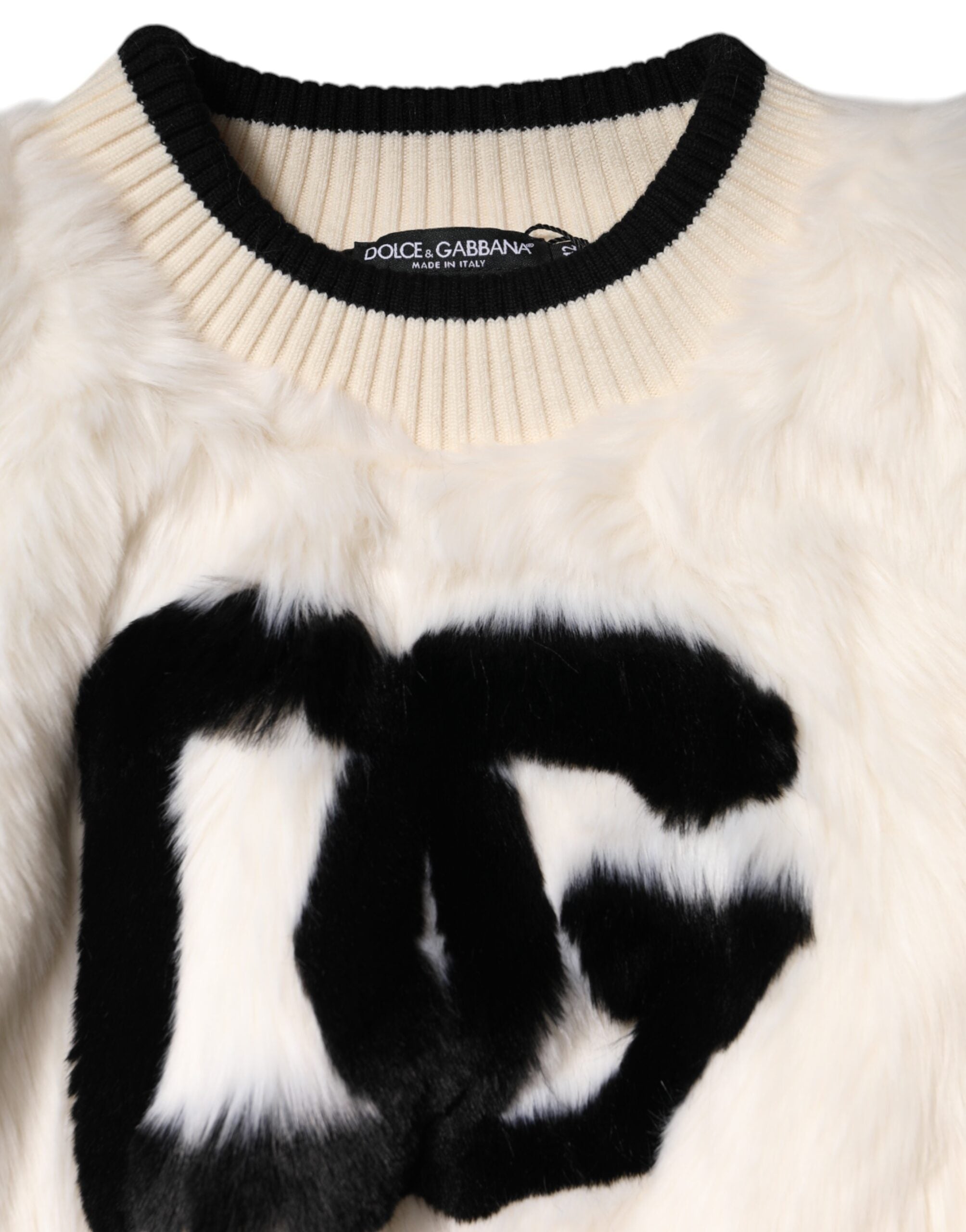 White Cropped Faux Fur DG Sweatshirt Sweater