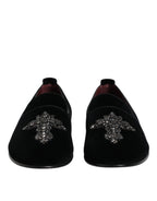 Black Velvet Embellished Loafer Slip On Shoes