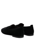 Black Velvet Embellished Loafer Slip On Shoes
