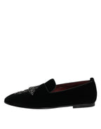 Black Velvet Embellished Loafer Slip On Shoes