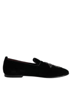 Black Velvet Embellished Loafer Slip On Shoes