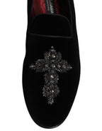 Black Velvet Embellished Loafer Slip On Shoes