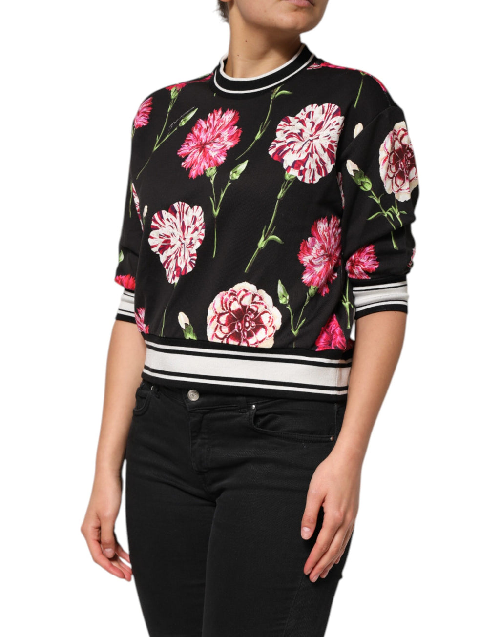 Black Floral Print Cotton Short Sleeves Top