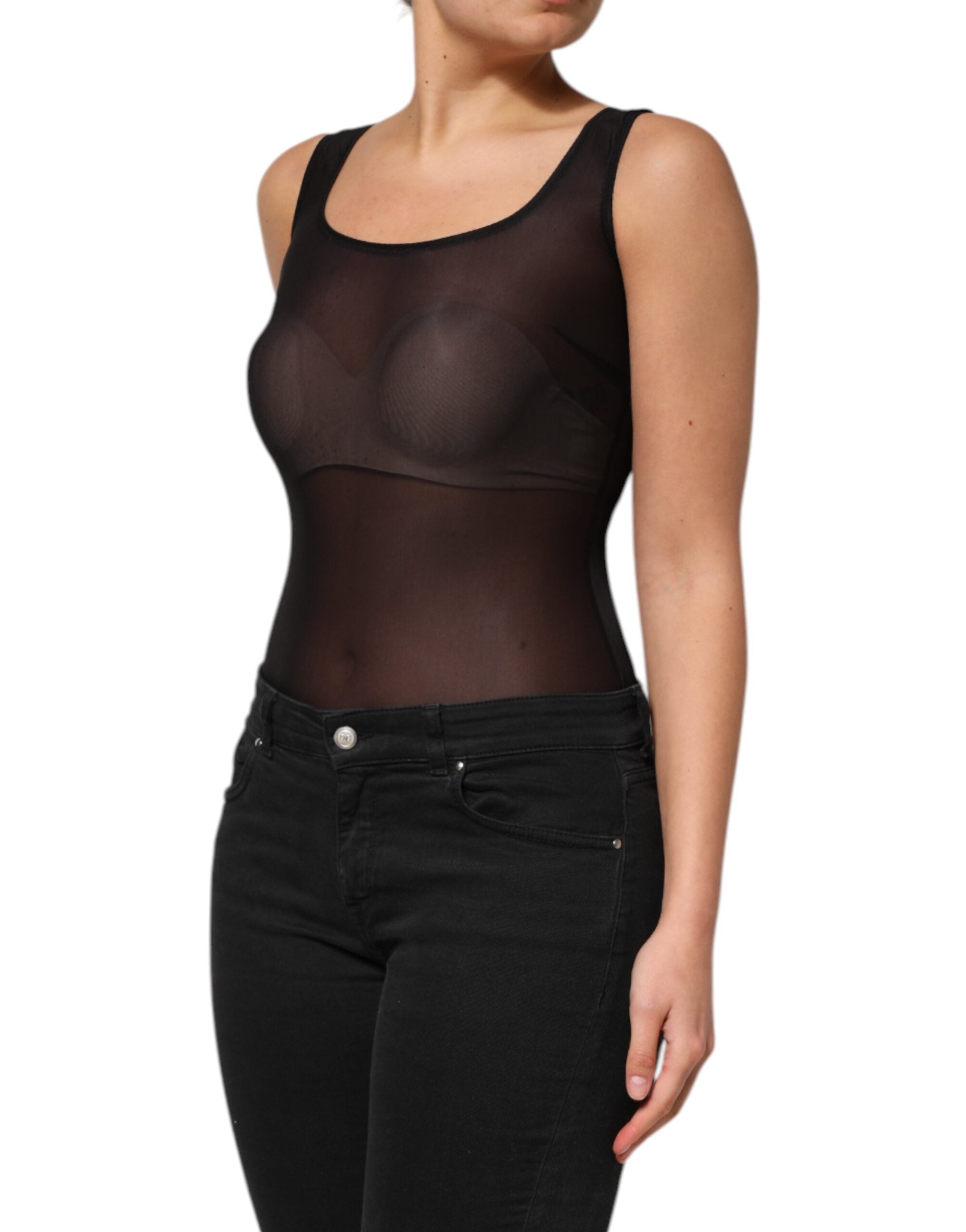 Black Nylon Sleeveless Round Neck Tank Top