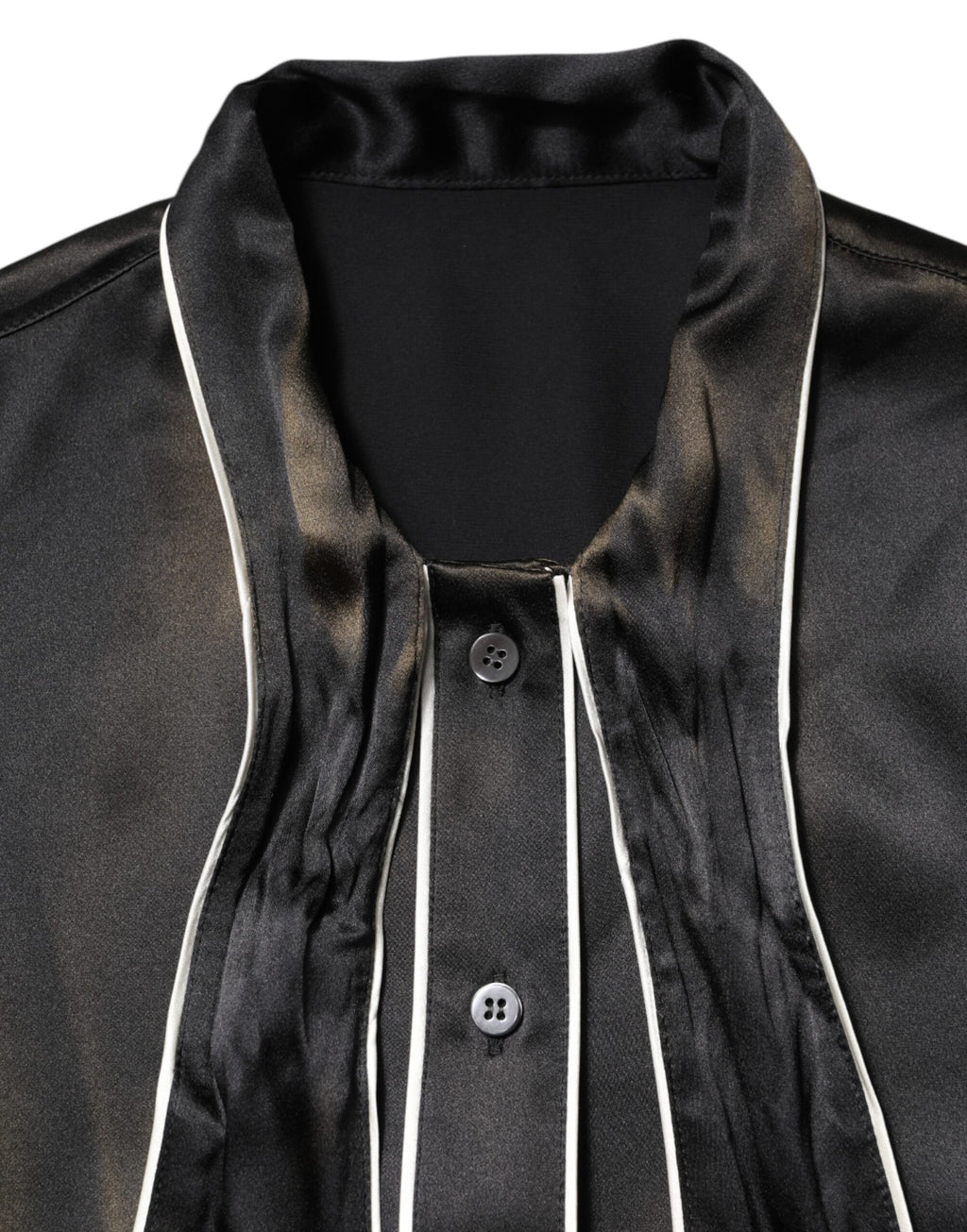 Black Silk Ascot Collared Button Blouse Top