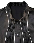 Black Silk Ascot Collared Button Blouse Top