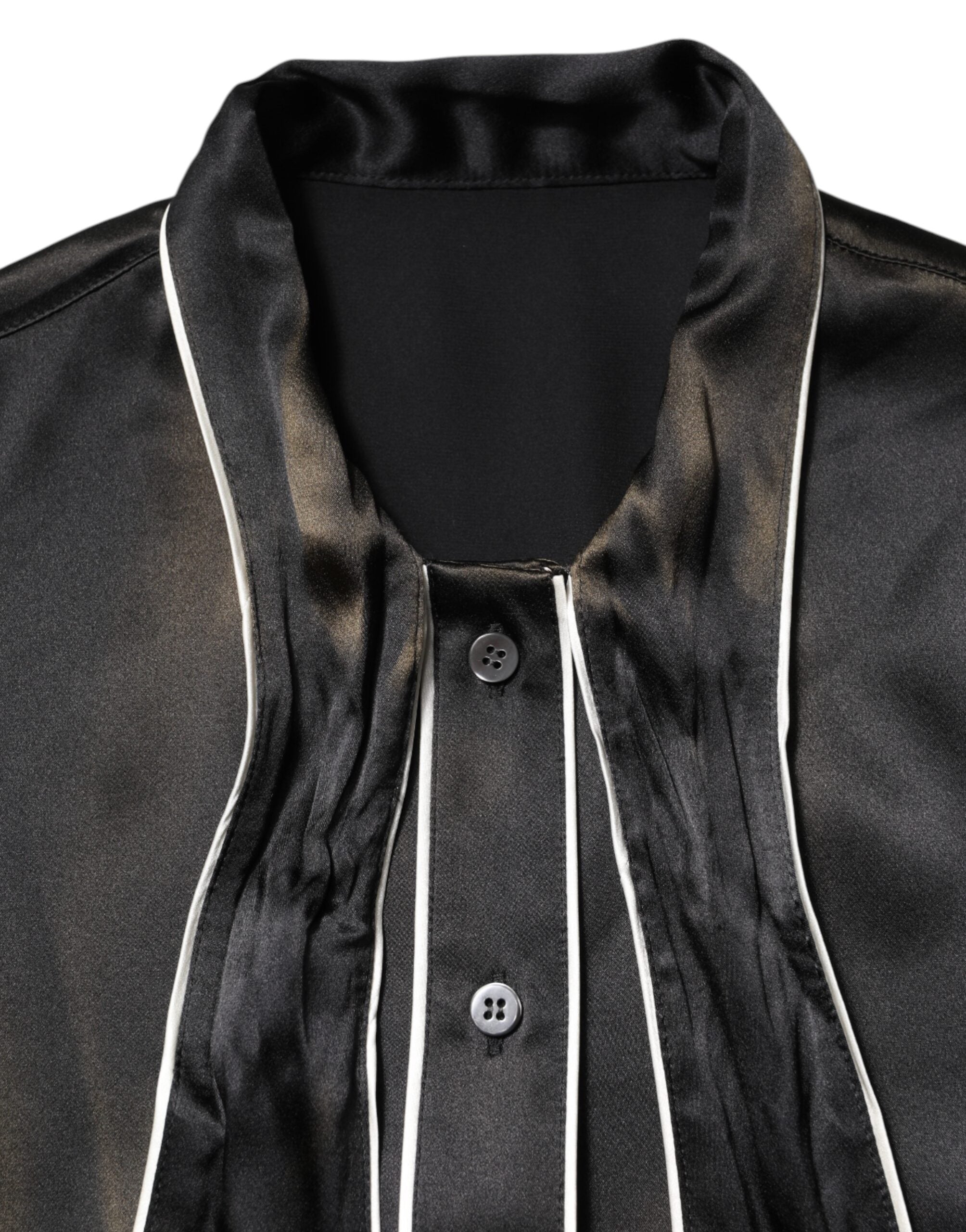Black Silk Ascot Collared Button Blouse Top