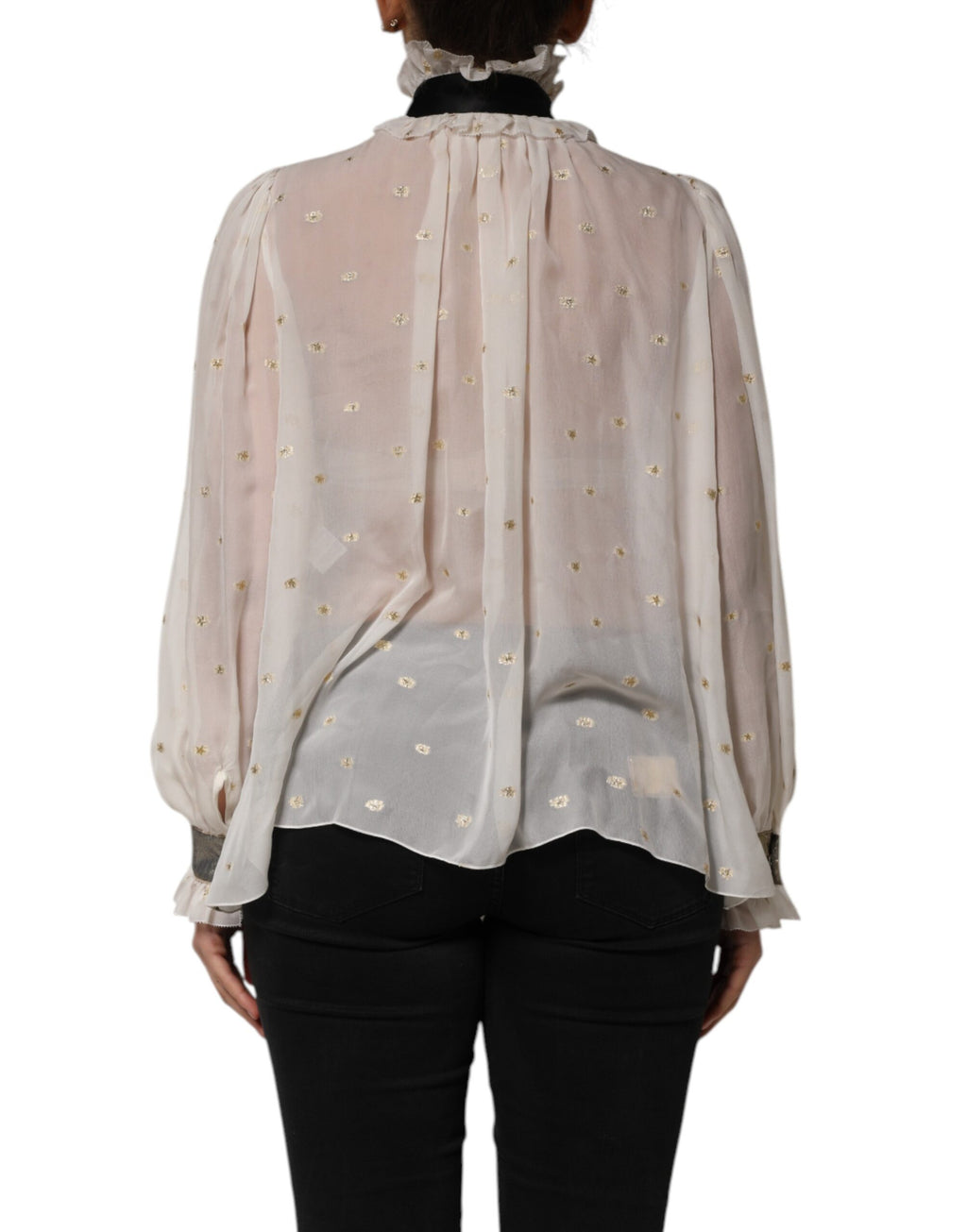 White Black Silk Long Sleeve Ascot Collar Top