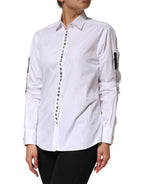 White Crystal Embellished Collared Shirt Top