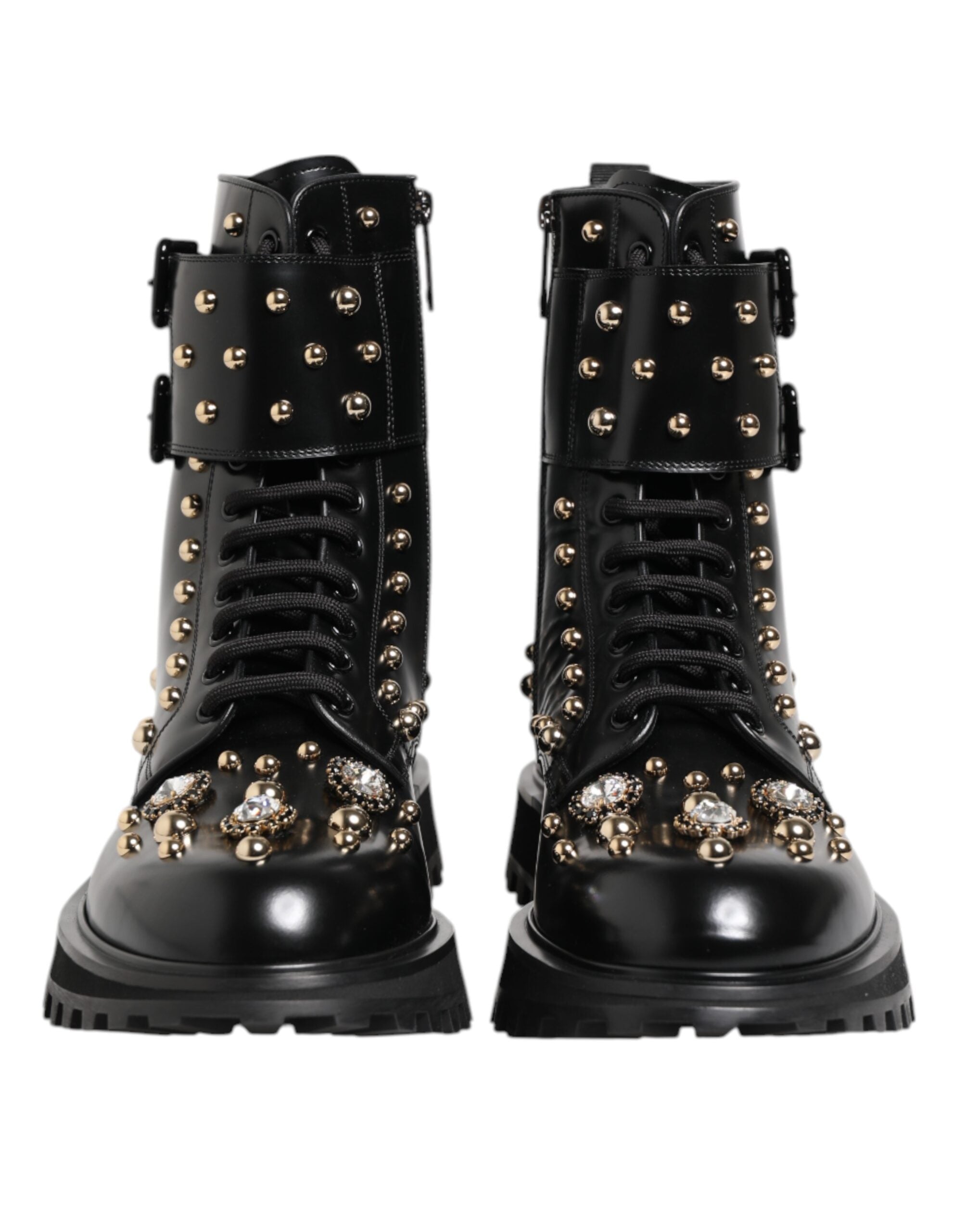 Black Studded Lace Up Mid Calf Boots Shoes