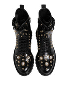 Black Studded Lace Up Mid Calf Boots Shoes