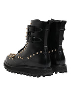Black Studded Lace Up Mid Calf Boots Shoes