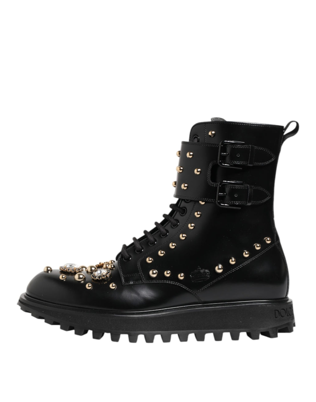 Black Studded Lace Up Mid Calf Boots Shoes