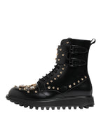 Black Studded Lace Up Mid Calf Boots Shoes