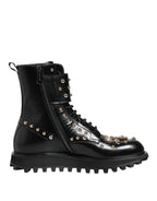 Black Studded Lace Up Mid Calf Boots Shoes
