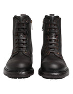 Dark Brown Leather Lace Up Mid Calf Boots Shoes