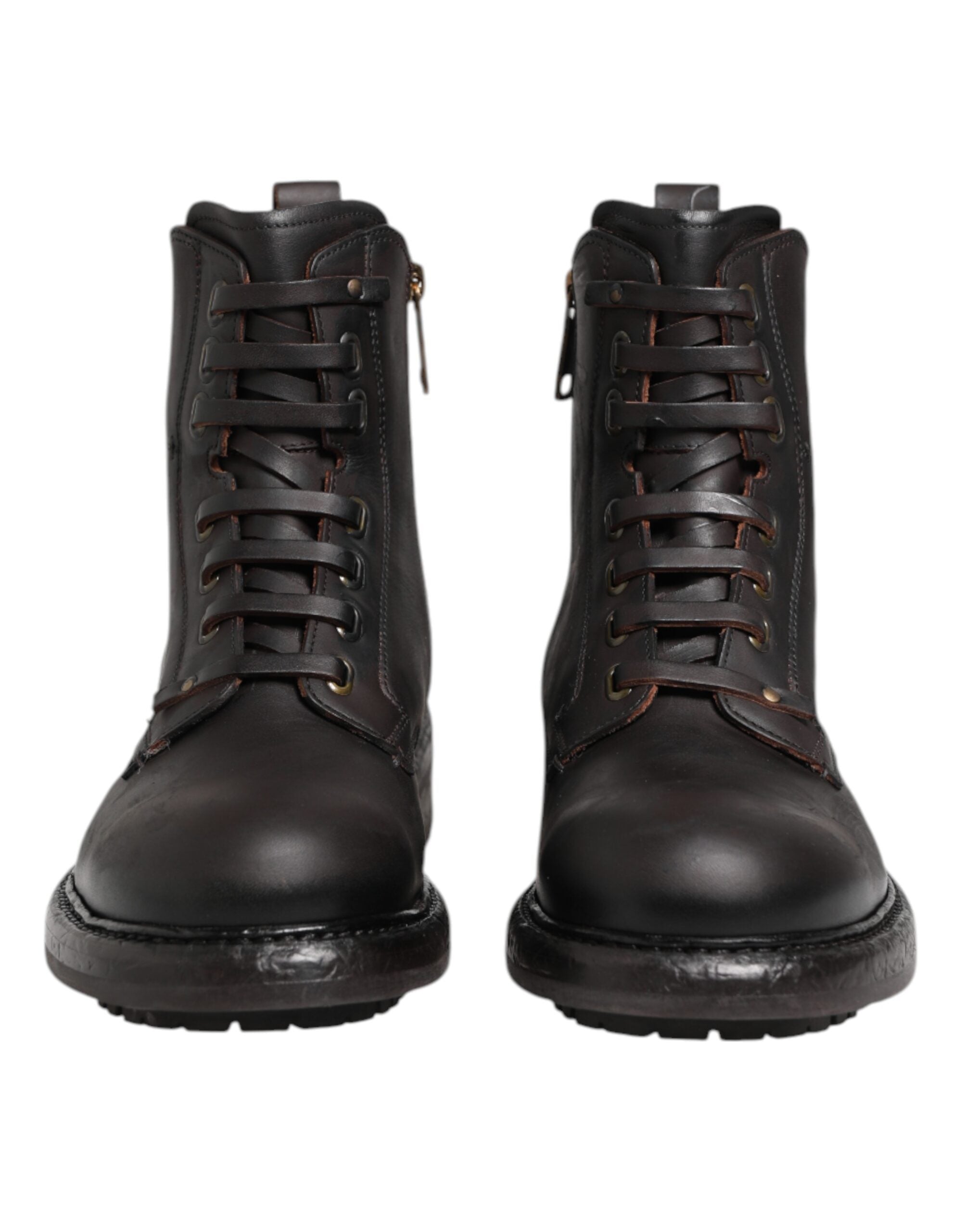 Dark Brown Leather Lace Up Mid Calf Boots Shoes