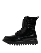 Black Leather Lace Up Mid Calf Boots Shoes