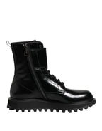Black Leather Lace Up Mid Calf Boots Shoes