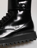 Black Leather Lace Up Mid Calf Boots Shoes