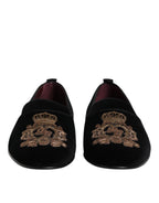 Black Velvet Gold Crown Mens Loafers Shoes