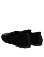 Black Velvet Gold Crown Mens Loafers Shoes