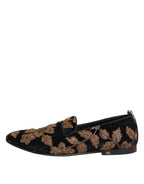 Black Floral Embroidery Men Loafers Shoes