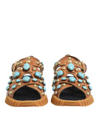 Brown Leather Studded Slides Sandals Shoes