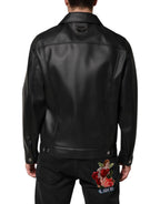Black Polyester Button Down Biker Jacket