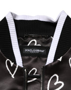 Black Polyester Heart Print Bomber Jacket