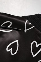 Black Polyester Heart Print Bomber Jacket
