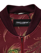 Maroon Peacock Feather Print Bomber Jacket