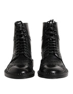 Black Leather Lace Up Mid Calf Boots Shoes