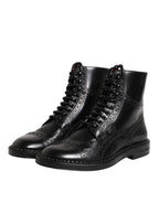 Black Leather Lace Up Mid Calf Boots Shoes