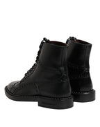 Black Leather Lace Up Mid Calf Boots Shoes
