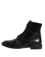 Black Leather Lace Up Mid Calf Boots Shoes