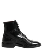 Black Leather Lace Up Mid Calf Boots Shoes