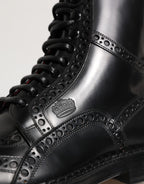 Black Leather Lace Up Mid Calf Boots Shoes